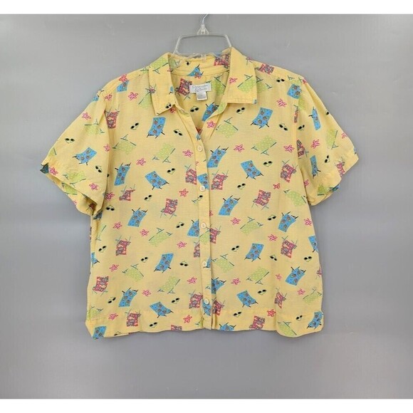 2008 Christopher & Banks Linen Blend Shirt Women Large Yellow Beach Motif Cruise - Picture 1 of 13